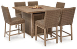 Walton Bridge Outdoor Fire Pit Table and 6 Barstools in Driftwood from Ashley - Luna Furniture