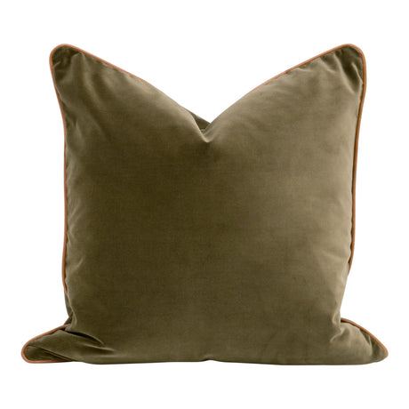 The Not So Basic 22" Essential Pillow in Olive Velvet, Whiskey Brown Top Grain Leather Piping, Set of 2 from Essentials For Living - Luna Furniture