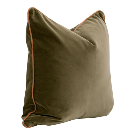 The Not So Basic 22" Essential Pillow in Olive Velvet, Whiskey Brown Top Grain Leather Piping, Set of 2 from Essentials For Living - Luna Furniture