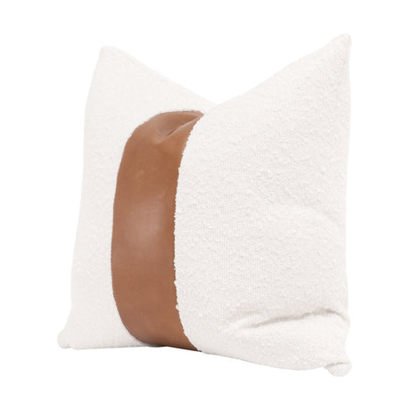 The Split Decision 20" Essential Pillow in Livesmart Boucle-Snow, Whiskey Brown Top Grain Leather Stripe, Set of 2 from Essentials For Living - Luna Furniture