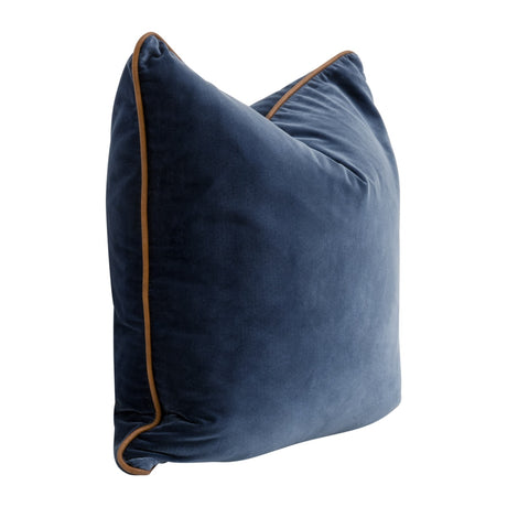 The Not So Basic 22" Essential Pillow in Denim Velvet, Whiskey Brown Top Grain Leather Piping, Set of 2 from Essentials For Living - Luna Furniture