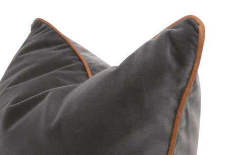 The Not So Basic 20" Essential Pillow in Dark Dove Velvet, Whiskey Brown Top Grain Leather Piping, Set of 2 from Essentials For Living - Luna Furniture