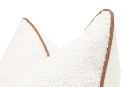 The Not So Basic 22" Essential Pillow in Livesmart Boucle-Snow, Whiskey Brown Top Grain Leather Piping, Set of 2 from Essentials For Living - Luna Furniture