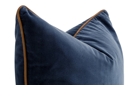 The Not So Basic 22" Essential Pillow in Denim Velvet, Whiskey Brown Top Grain Leather Piping, Set of 2 from Essentials For Living - Luna Furniture