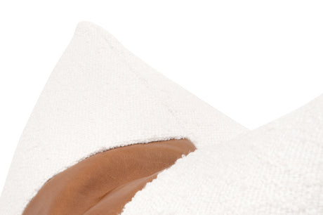 The Split Decision 20" Essential Pillow in Livesmart Boucle-Snow, Whiskey Brown Top Grain Leather Stripe, Set of 2 from Essentials For Living - Luna Furniture