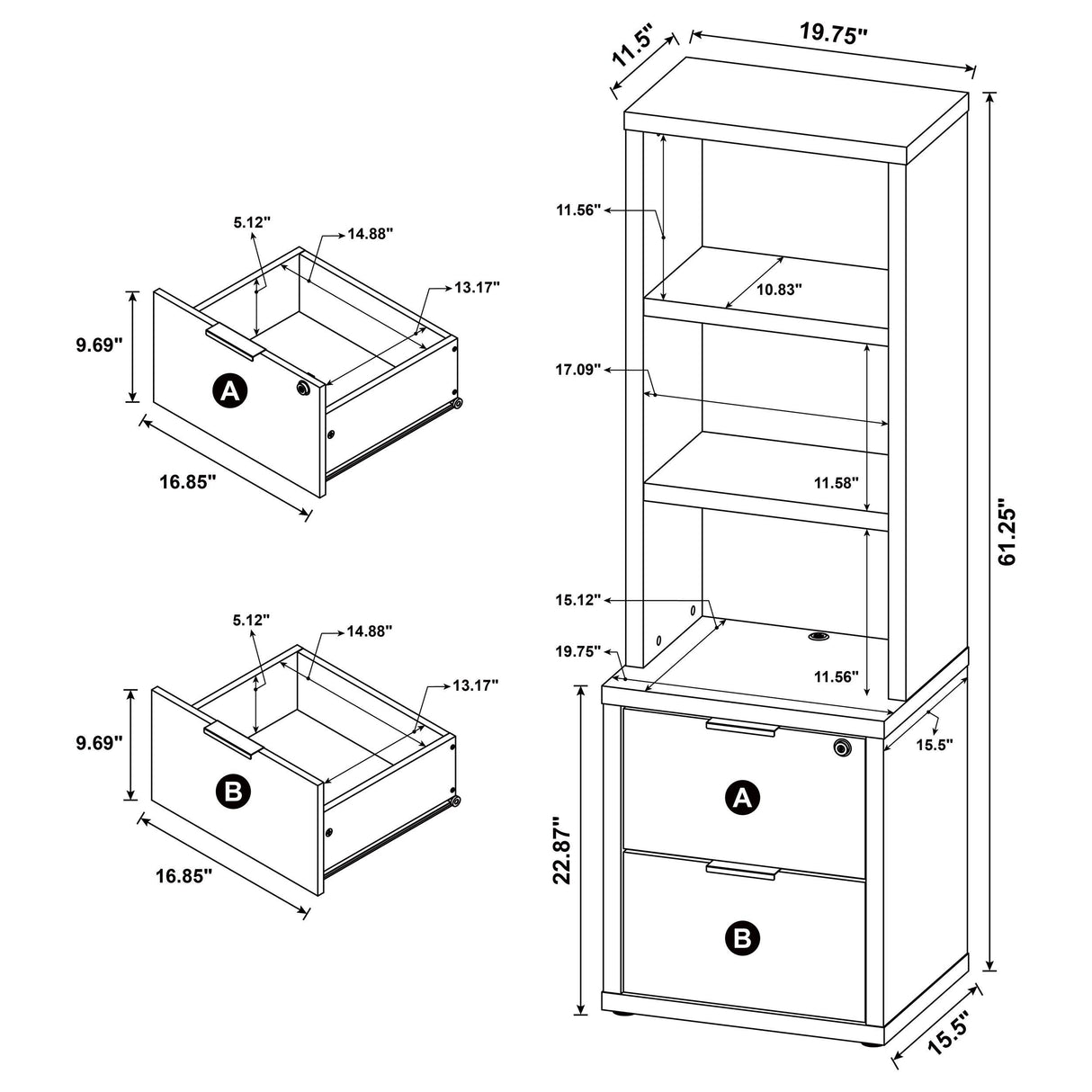Westpark Black 3-Shelf Bookcase with Lockable Drawer and USB Ports from Coaster - Luna Furniture