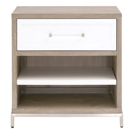 Wrenn 1-Drawer Nightstand in Natural Gray Acacia, Matte White, Brushed Stainless Steel from Essentials For Living - Luna Furniture