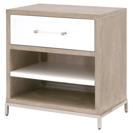 Wrenn 1-Drawer Nightstand in Natural Gray Acacia, Matte White, Brushed Stainless Steel from Essentials For Living - Luna Furniture
