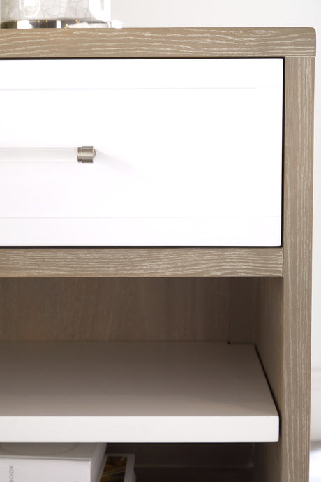 Wrenn 1-Drawer Nightstand in Natural Gray Acacia, Matte White, Brushed Stainless Steel from Essentials For Living - Luna Furniture