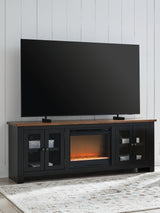 Wildenauer Brown/Black 76" TV Stand with Electric Fireplace from Ashley Furniture - Luna Furniture