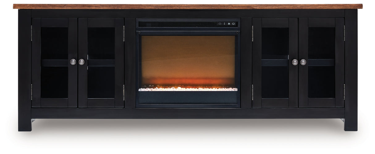 Wildenauer Brown/Black 76" TV Stand with Electric Fireplace from Ashley Furniture - Luna Furniture