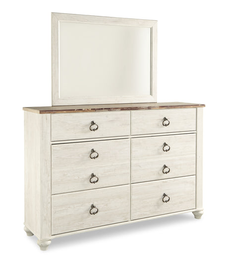 Willowton California King Panel Bed with Mirrored Dresser in Whitewash from Ashley - Luna Furniture