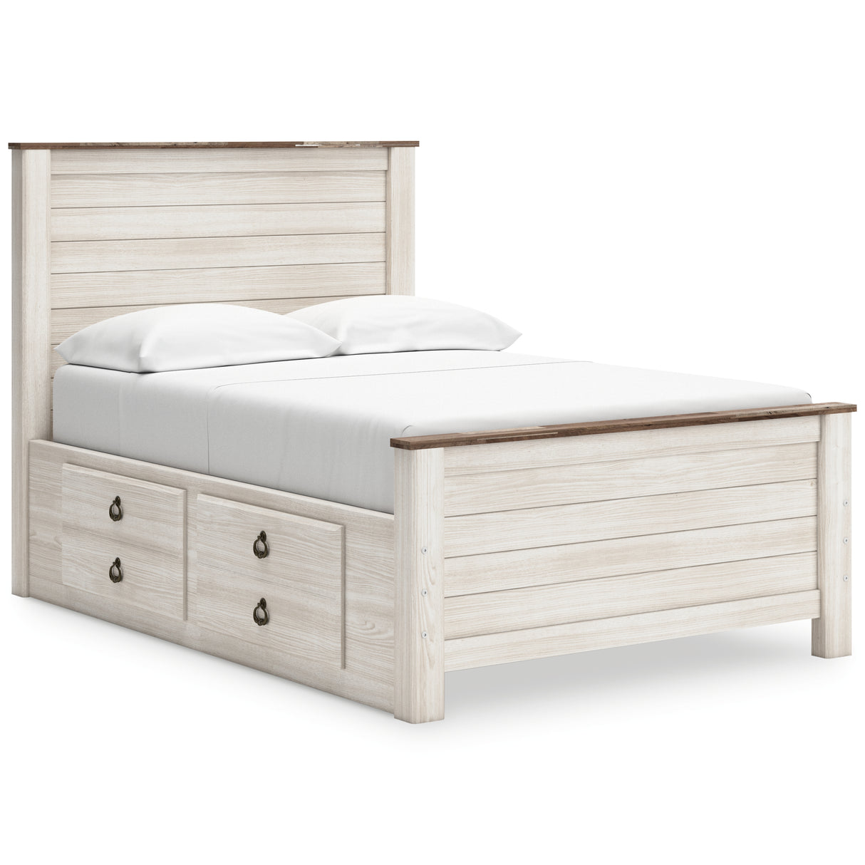 Willowton Full Panel Bed with Storage with Mirrored Dresser, Chest and Nightstand in Whitewash from Ashley - Luna Furniture