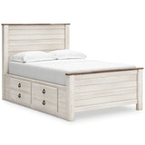 Willowton Full Panel Bed with Storage with Mirrored Dresser, Chest and Nightstand in Whitewash from Ashley - Luna Furniture
