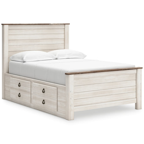 Willowton Full Panel Bed with Storage with Mirrored Dresser, Chest and Nightstand in Whitewash from Ashley - Luna Furniture