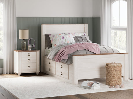 Willowton Full Panel Bed with Storage with Mirrored Dresser, Chest and Nightstand in Whitewash from Ashley - Luna Furniture