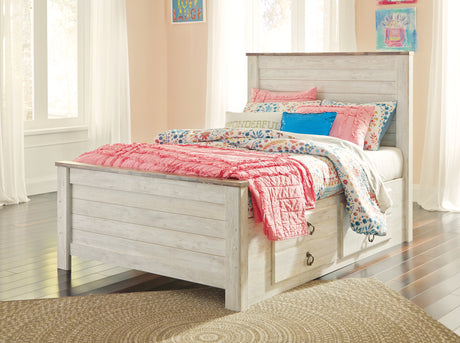 Willowton Full Panel Bed with Storage with Mirrored Dresser in Whitewash from Ashley - Luna Furniture