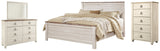 Willowton King Panel Bed with Mirrored Dresser and Chest in Whitewash from Ashley - Luna Furniture