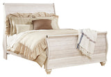 Willowton Queen Sleigh Bed with Mirrored Dresser, Chest and 2 Nightstands in Whitewash from Ashley - Luna Furniture
