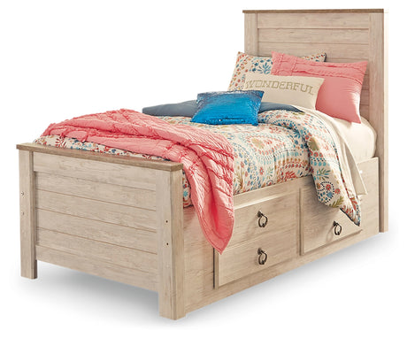 Willowton Twin Panel Bed with Storage with Mirrored Dresser, Chest and Nightstand in Whitewash from Ashley - Luna Furniture