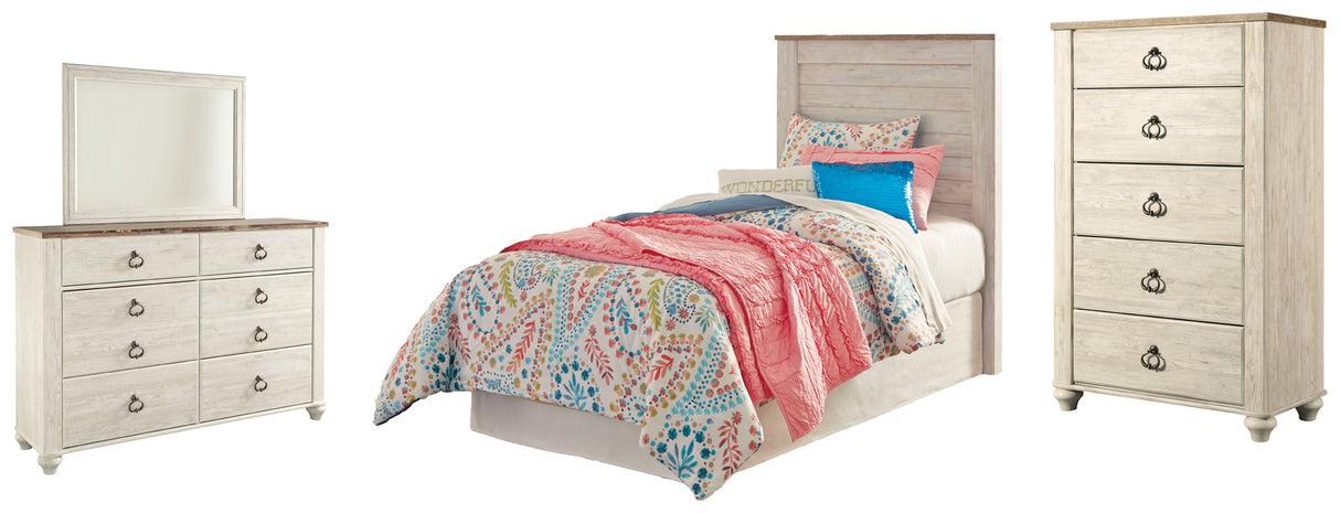 Willowton Twin Panel Headboard Bed with Mirrored Dresser and Chest in Whitewash from Ashley - Luna Furniture