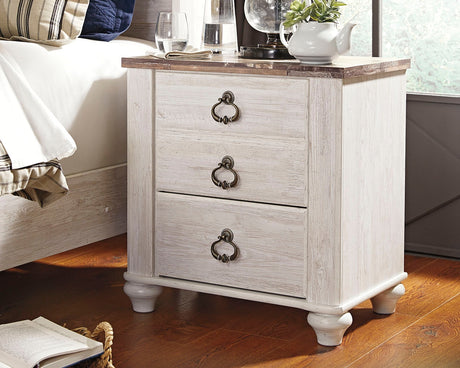 Willowton Whitewash Full Panel Bed, Dresser, Mirror, 2 Chests and nightstand from Ashley - Luna Furniture