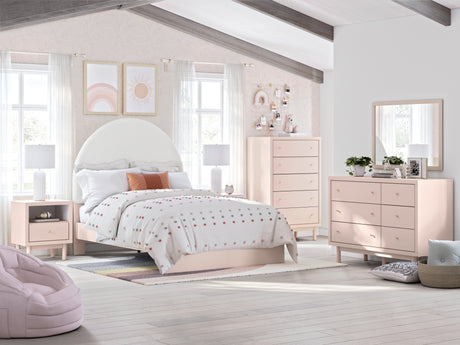 Wistenpine Full Upholstered Panel Bed with Mirrored Dresser and Chest in Blush from Ashley - Luna Furniture