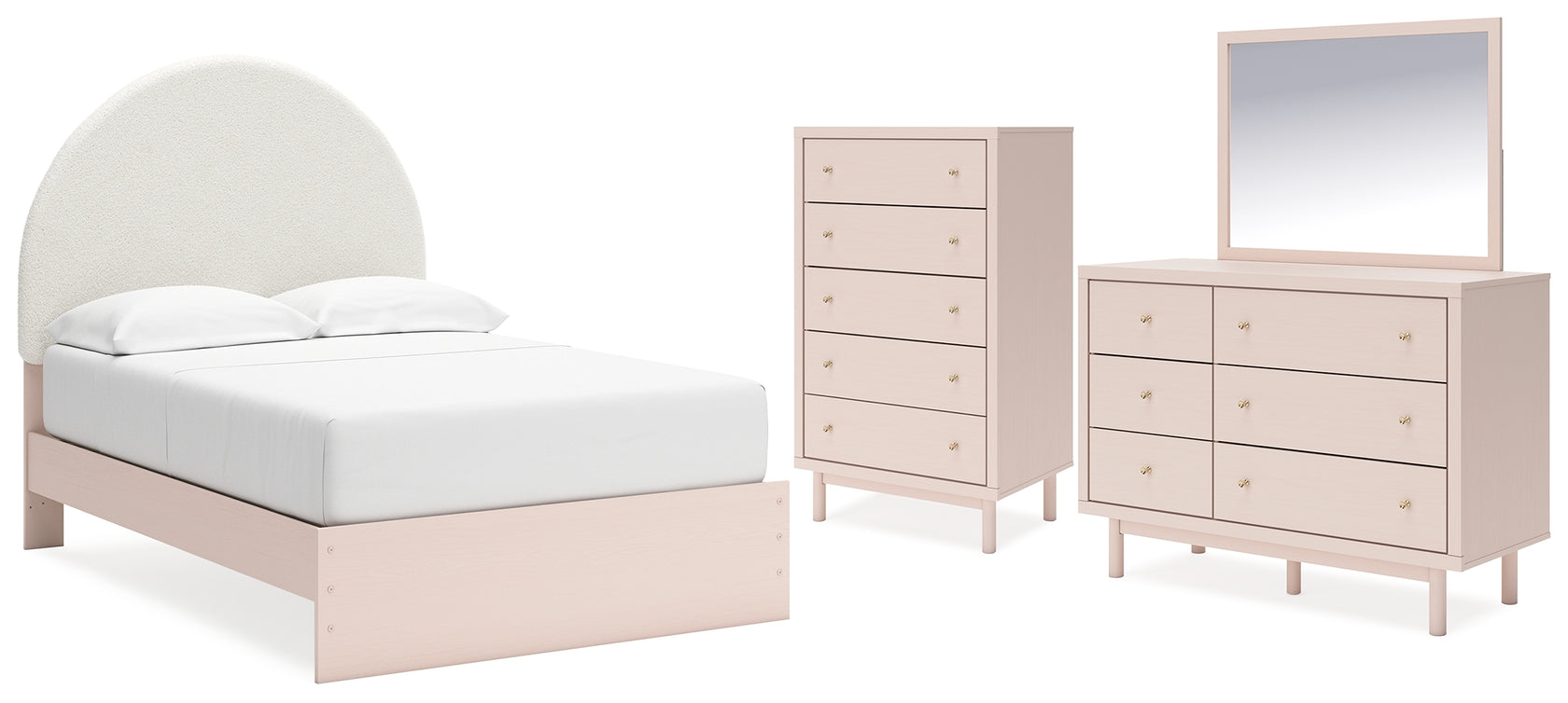 Wistenpine Full Upholstered Panel Bed with Mirrored Dresser and Chest in Blush from Ashley - Luna Furniture