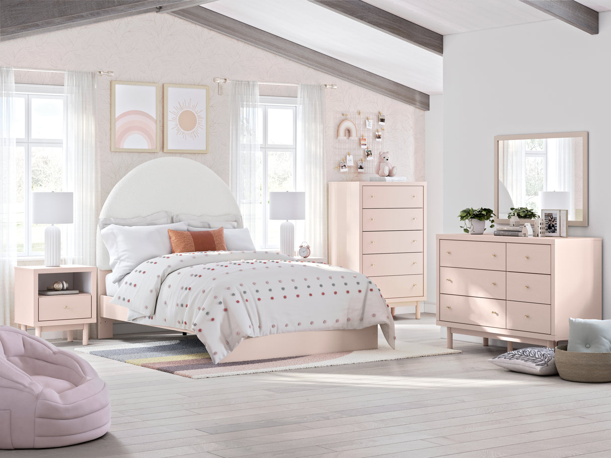 Wistenpine Full Upholstered Panel Bed with Mirrored Dresser, Chest and 2 Nightstands in Blush from Ashley - Luna Furniture