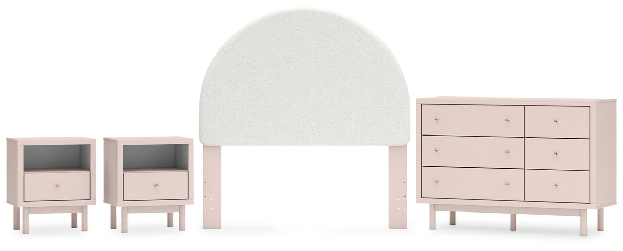 Wistenpine Full Upholstered Panel Headboard with Dresser and 2 Nightstands in Blush from Ashley - Luna Furniture