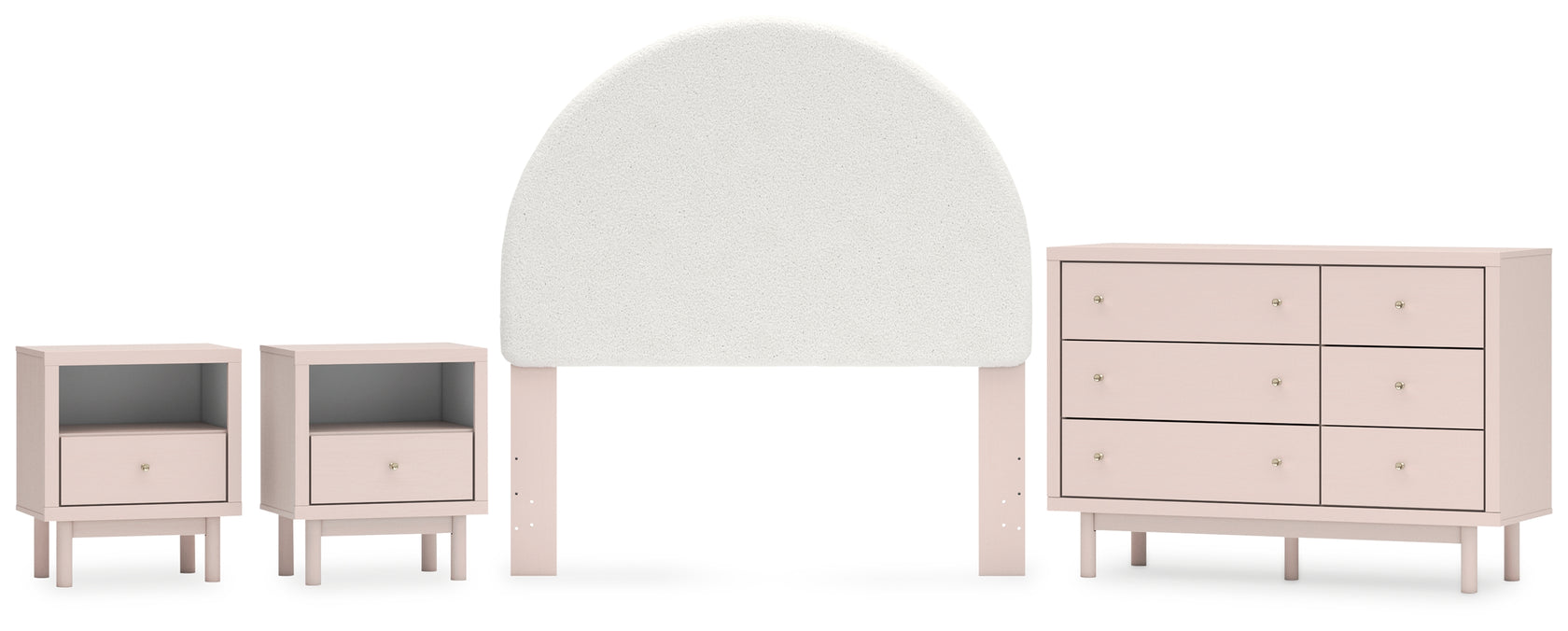 Wistenpine Full Upholstered Panel Headboard with Dresser and 2 Nightstands in Blush from Ashley - Luna Furniture