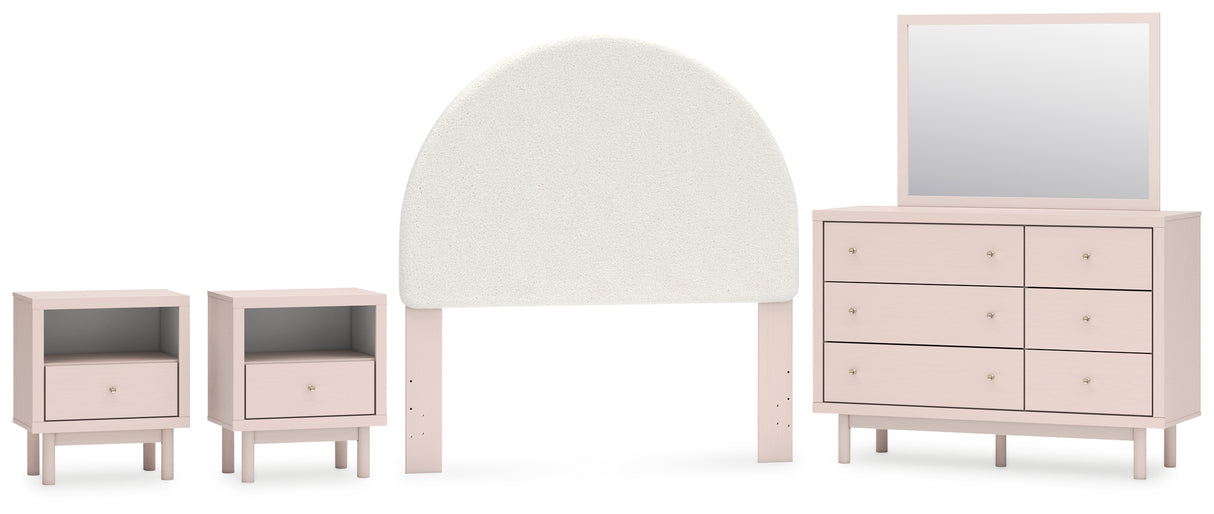 Wistenpine Full Upholstered Panel Headboard with Mirrored Dresser and 2 Nightstands in Blush from Ashley - Luna Furniture