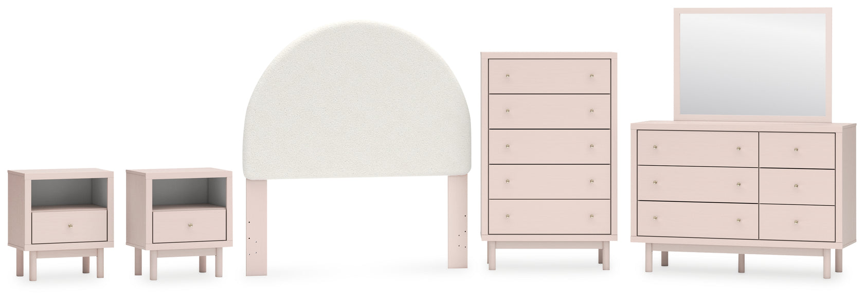 Wistenpine Full Upholstered Panel Headboard with Mirrored Dresser, Chest and 2 Nightstands in Blush from Ashley - Luna Furniture