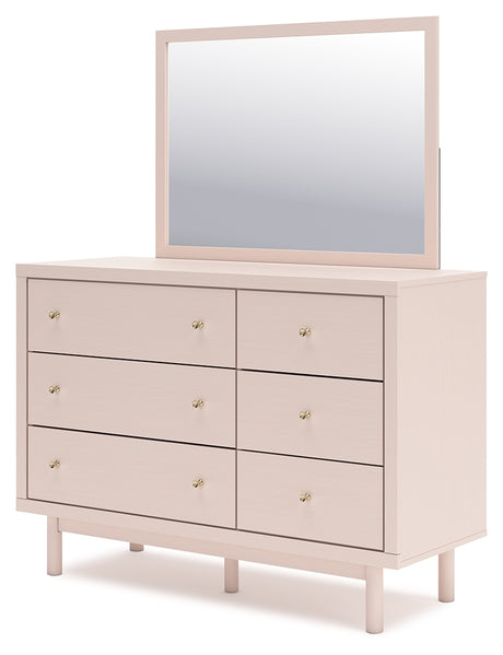 Wistenpine Full Upholstered Panel Headboard with Mirrored Dresser, Chest and 2 Nightstands in Blush from Ashley - Luna Furniture