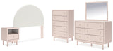 Wistenpine Full Upholstered Panel Headboard with Mirrored Dresser, Chest and Nightstand in Blush from Ashley - Luna Furniture