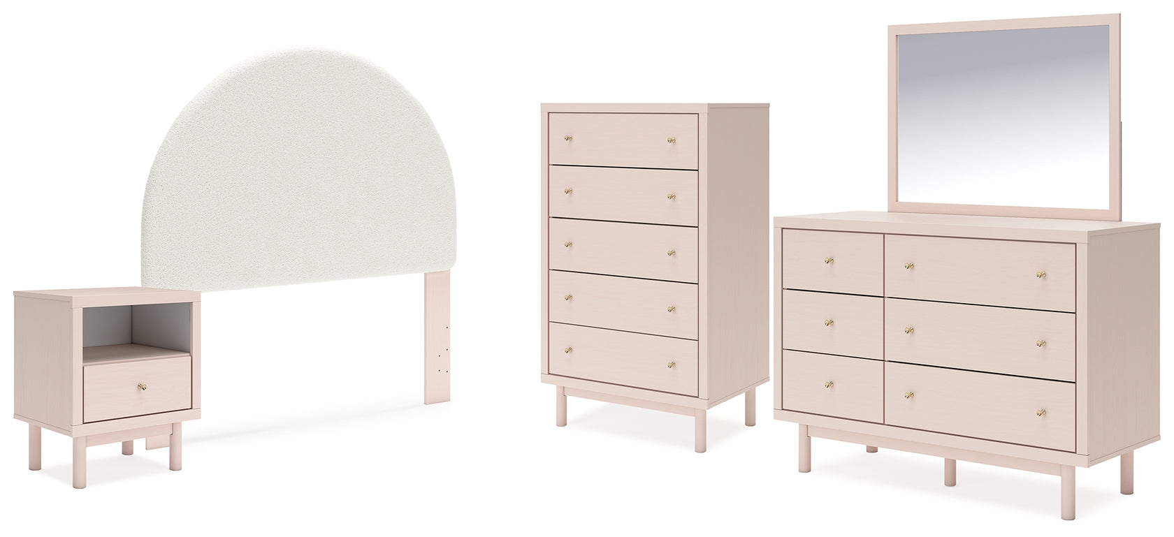 Wistenpine Full Upholstered Panel Headboard with Mirrored Dresser, Chest and Nightstand in Blush from Ashley - Luna Furniture