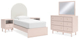 Wistenpine Twin Upholstered Panel Bed with Mirrored Dresser and 2 Nightstands in Blush from Ashley - Luna Furniture