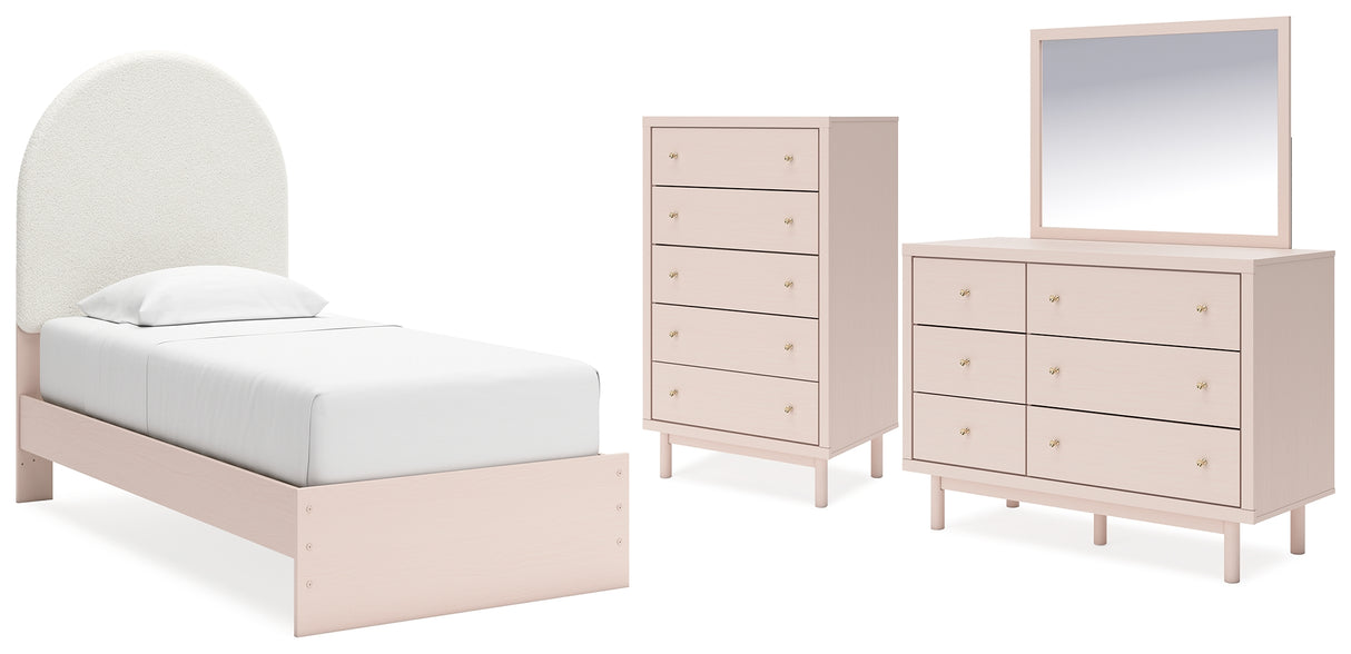 Wistenpine Twin Upholstered Panel Bed with Mirrored Dresser and Chest in Blush from Ashley - Luna Furniture