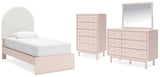 Wistenpine Twin Upholstered Panel Bed with Mirrored Dresser and Chest in Blush from Ashley - Luna Furniture
