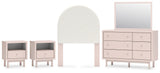 Wistenpine Twin Upholstered Panel Headboard with Mirrored Dresser and 2 Nightstands in Blush from Ashley - Luna Furniture