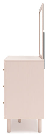 Wistenpine Twin Upholstered Panel Headboard with Mirrored Dresser and 2 Nightstands in Blush from Ashley - Luna Furniture