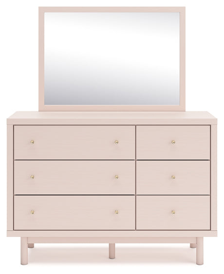 Wistenpine Twin Upholstered Panel Headboard with Mirrored Dresser and Chest in Blush from Ashley - Luna Furniture