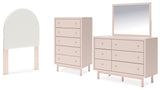Wistenpine Twin Upholstered Panel Headboard with Mirrored Dresser and Chest in Blush from Ashley - Luna Furniture