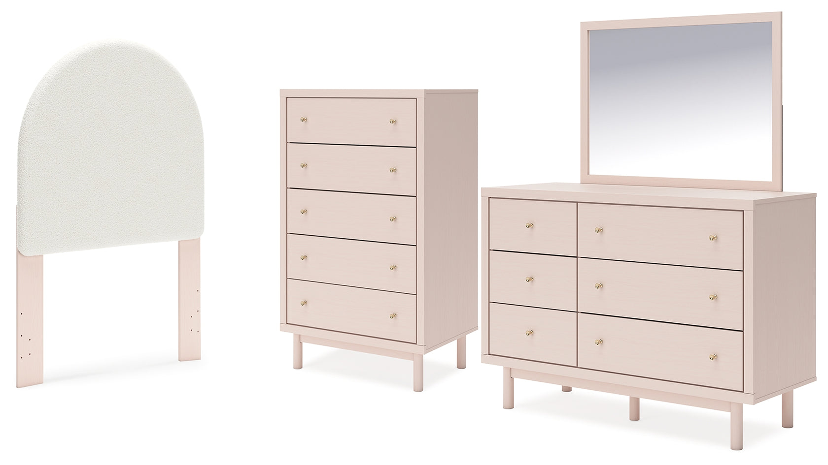 Wistenpine Twin Upholstered Panel Headboard with Mirrored Dresser and Chest in Blush from Ashley - Luna Furniture