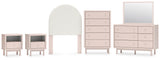 Wistenpine Twin Upholstered Panel Headboard with Mirrored Dresser, Chest and 2 Nightstands in Blush from Ashley - Luna Furniture