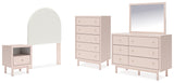 Wistenpine Twin Upholstered Panel Headboard with Mirrored Dresser, Chest and Nightstand in Blush from Ashley - Luna Furniture