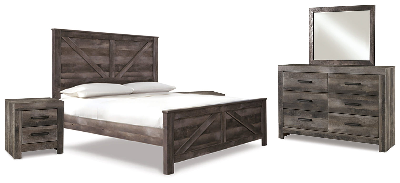Wynnlow King Crossbuck Panel Bed with Mirrored Dresser and 2 Nightstands in Gray from Ashley - Luna Furniture