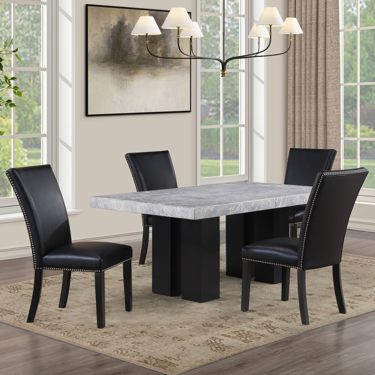Artemis Black 5-Piece 70" Rectangle Gray Marble Table with 4 Black Vegan Leather Chairs from Steve Silver - Luna Furniture