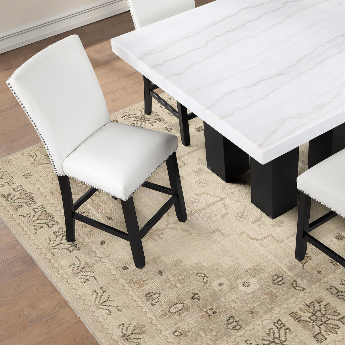 Artemis White Square Marble Top 9-Piece Counter Height Dining Set with White Vegan Leather Chairs