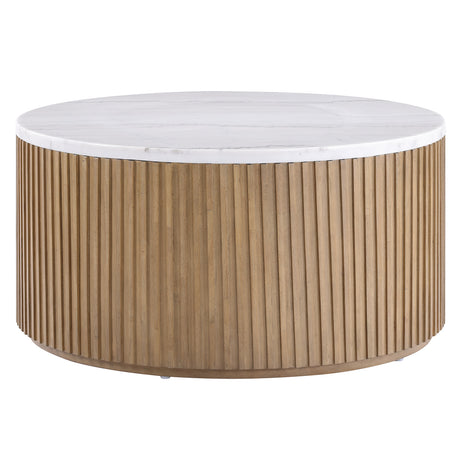 Colvin 36″ Round Castered White Marble Top Coffee Table, Toffee Finish from Steve Silver - Luna Furniture